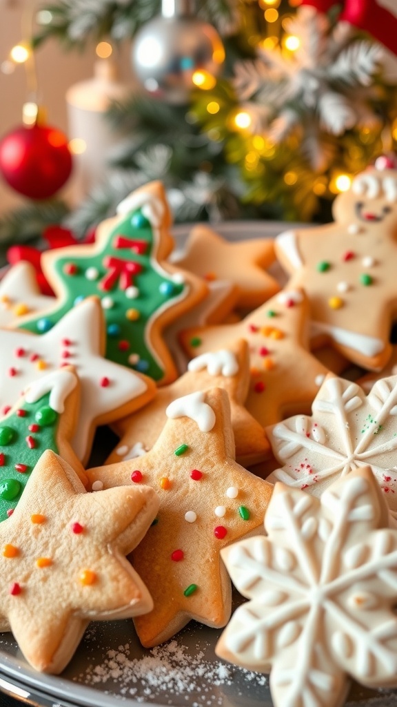 Christmas Sugar Cookies Recipe A variety of decorated Christmas sugar cookies in festive shapes with colorful icing and sprinkles.